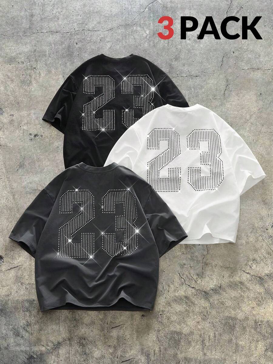 AXEPEAK 男士休闲水钻装饰数字印花短袖 T 恤，夏季 - 彩色 - 查看 1