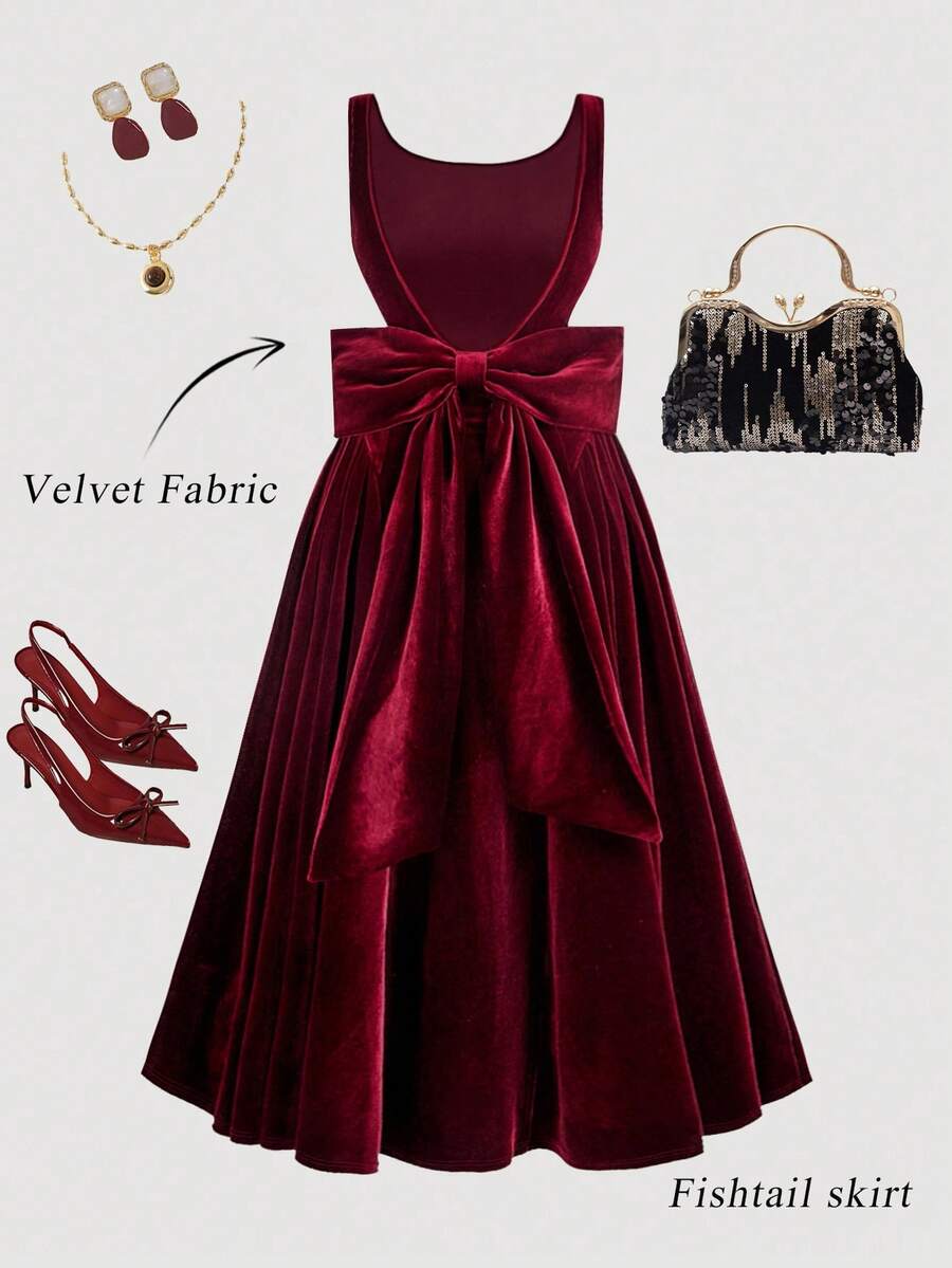 Plus Size Vintage Red Open Back Bow Tie A-Line Midi Dress, Wedding Dress, Date Dress, Valentine's Day Dress - Red - View 1