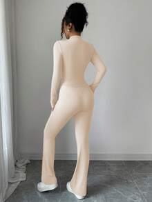 INAWLY Women's Tight-Fitting Zip-Up Cropped Jacket With Mandarin Collar And Flared Pants 2 Pieces Set - Apricot - View 2