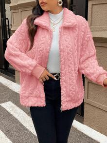 SHEIN Frenchy Jaqueta feminina plus size casual, simples e felpuda, de manga comprida, ideal para o inverno. - Rosa - Ver 5