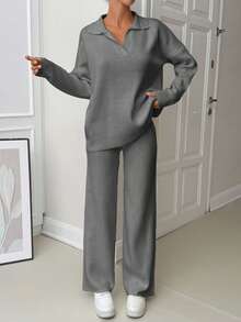 EURMUSE Woman Loose Fit Comfy Warm Thick Polo Neck Sweater And Pants Co-Ords Two Pieces Set - Grey - View 5