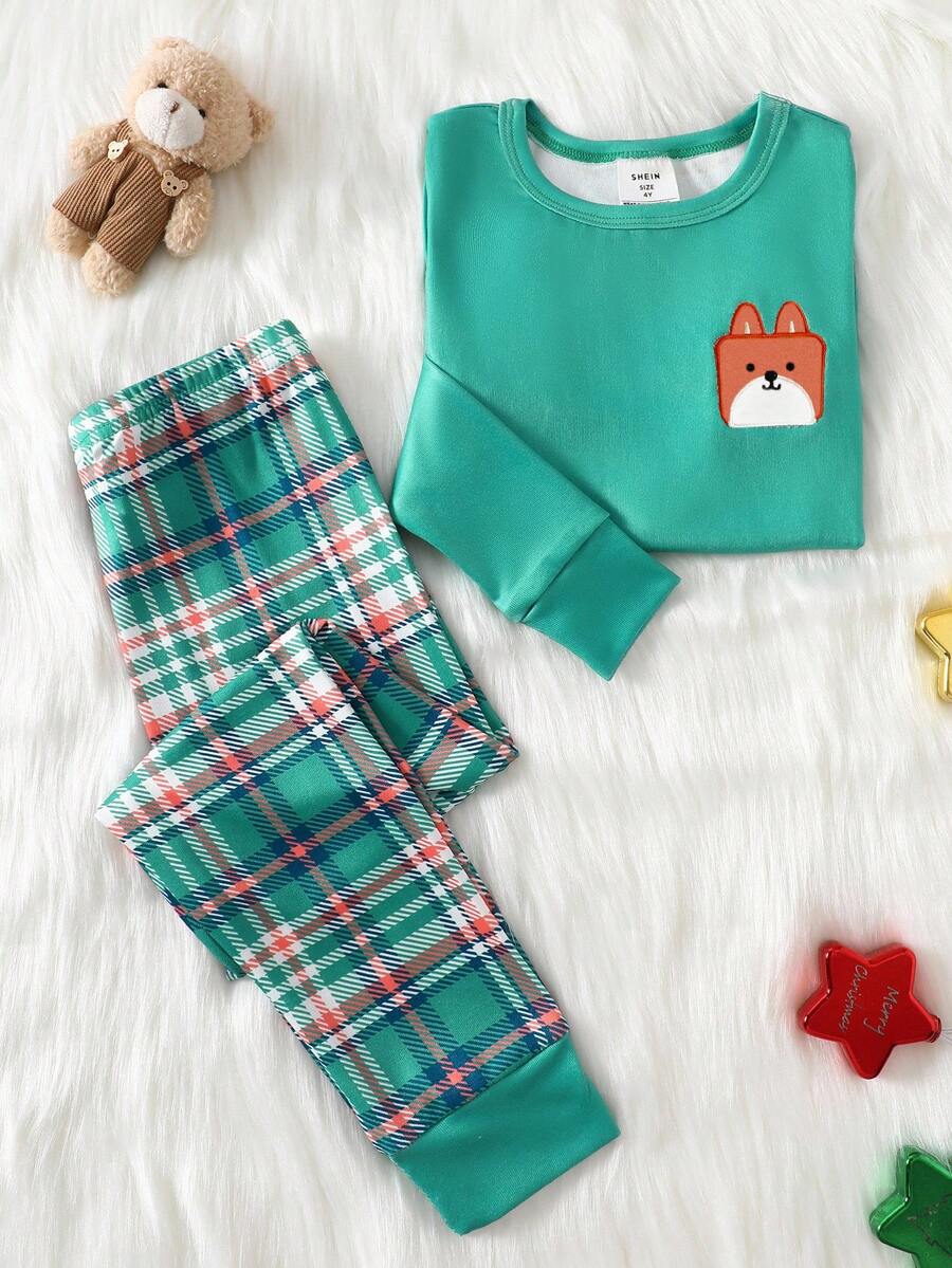 2 件套男童秋冬紧身双袖口可爱小狗口袋格子裤和舒适家居服套装 - 綠色 - 查看 1