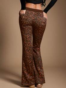 Radiana Damskie seksowne, swobodne spodnie dzwony w stylu retro w kolorze brązowym z niskim stanem i nadrukiem w panterkę, wygodne, codzienne, sportowe, modne i spersonalizowane - Wielokolorowe - Zobacz 1