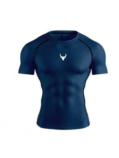 Manfinity Sport PWRUP T-shirt de sport à manches courtes, col rond, coupe slim, imprimé tête de taureau pour hommes. Chemise de compression en spandex pour la gym. Chemise de compression pour hommes.