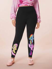 My Little Pony X SHEIN 大码高腰弹力小马印花打底裤 - 黑色 - 查看 1