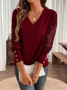 SHEIN LUNE Camiseta de manga larga con cuello en V de encaje, detalles de botones y bloques de color para mujer, ideal para la primavera - Rojo - Ver 4