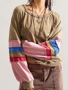 Bohemela 休闲针织拼布圆领宽松长袖女式T恤 - 彩色 - 查看 2