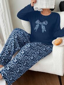 SHEIN Fashionable Leopard Print Bowknot Long Sleeve Thin Pajama Set, Plus Size For Home Wear, Autumn/Winter - Blue - View 5