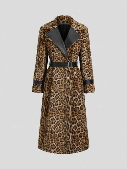 TRNVIE 1pc Women's Leopard Print Fuzzy Patchwork Minimalist Fashion Sweater, Suitable For Party, Christmas, Valentine's Day