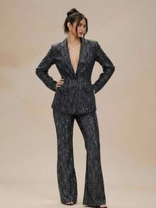 SHEIN BAE Frühling/Herbst Damen Rundhals Langarm Fransen Pailletten Dekor Konzert Musik Festival Schwarze Jacke, modische & coole Damen Oberbekleidung, sexy Weihnachts-/Halloween-Party Outfit, Thanksgiving Pailletten Winter Damenkleidung