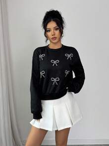 GlowEve Women's Rhinestone Bow Decor Round Neck Drop Shoulder Long Sleeve Casual Sweatshirt - Black - View 6