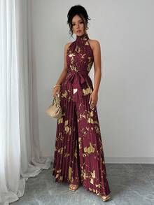 Elenzga Bộ đồ liền thân ống rộng không tay cổ bèo nhún thanh lịch lãng mạn chính xác dành cho nữ trong trang phục Halloween - Màu Đỏ Sâu - Xem 3