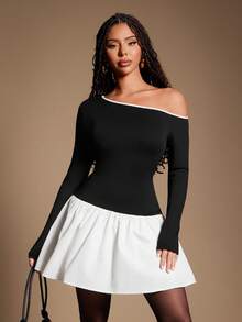 Radiana Abito mini elegante e sexy con maniche lunghe, scollo spalle scoperte, in bianco e nero, abito retrò alla moda, abito casual - nero - Visualizzare 3