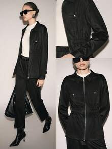 Lumivelle Women's Autumn/Winter Fashion Simple Solid Color Suede Zip-Up Jacket And Pants 2 Pieces Set - Black - View 1