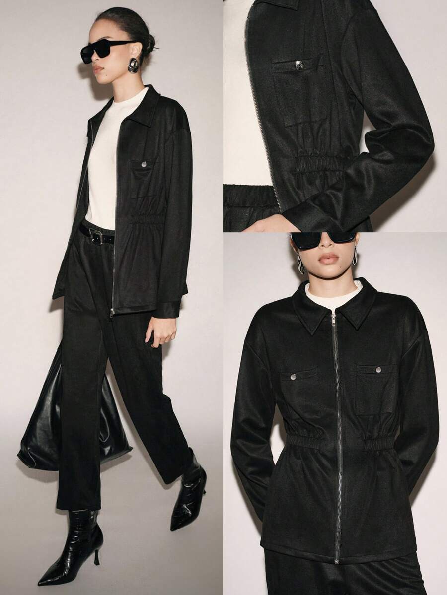 Lumivelle Women's Autumn/Winter Fashion Simple Solid Color Suede Zip-Up Jacket And Pants 2 Pieces Set - Black - View 1