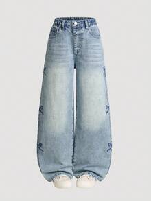 SHEIN Explorewe Tween-Mädchen Jeans - Neuankömmling für Herbst/Winter, modische Schmetterling-Stickerei Dekoration, Kontrastfarben Design, verwaschen mittelblau gerade Bein, locker & lässig geschnitten, hoher Bund, Vintage Y2K Streetwear Stil, geeignet für den täglichen Gebrauch, Schule, Pendeln, Party, Zuhause, Schulanfang, Halloween - Mittele Waschung - Übersicht 7
