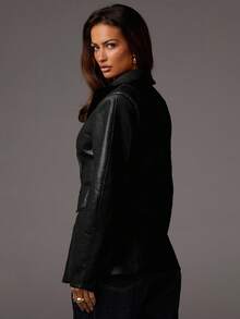 Athîral 女士翻领长袖双排扣时尚西装外套，秋冬款 - 黑色 - 查看 2