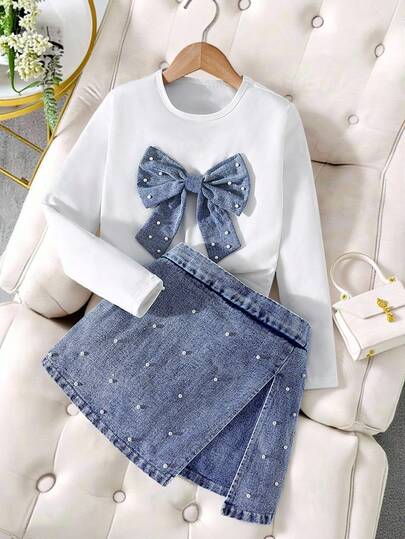 Sparklyn 女童休闲时尚日常街头风圆领长袖3D蝴蝶结珍珠设计T恤搭配高腰牛仔短裙，3D珍珠设计返校套装，适合所有季节