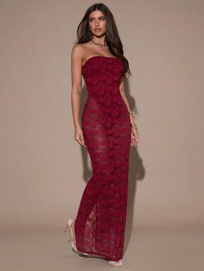 SHEIN BAE 女士花卉蕾丝抹胸紧身连衣裙，性感