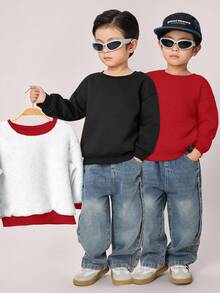 SHEIN 2件装男童百搭休闲舒适保暖加厚宽松长袖套头连帽衫套装，黑色、灰色、复古色，适合上学、花园、秋季和冬季穿着。