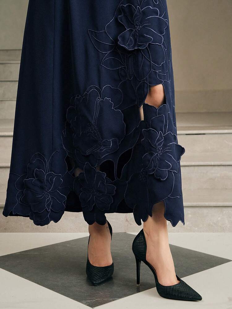Women's Elegant Luxurious Exquisite 3D Floral Embroidery Fitted Dress, Dignified And Charming, Suitable For Autumn, Winter, Going Out, Formal, Party, Chic, New Year, Christmas, Work, Graduation, Wedding