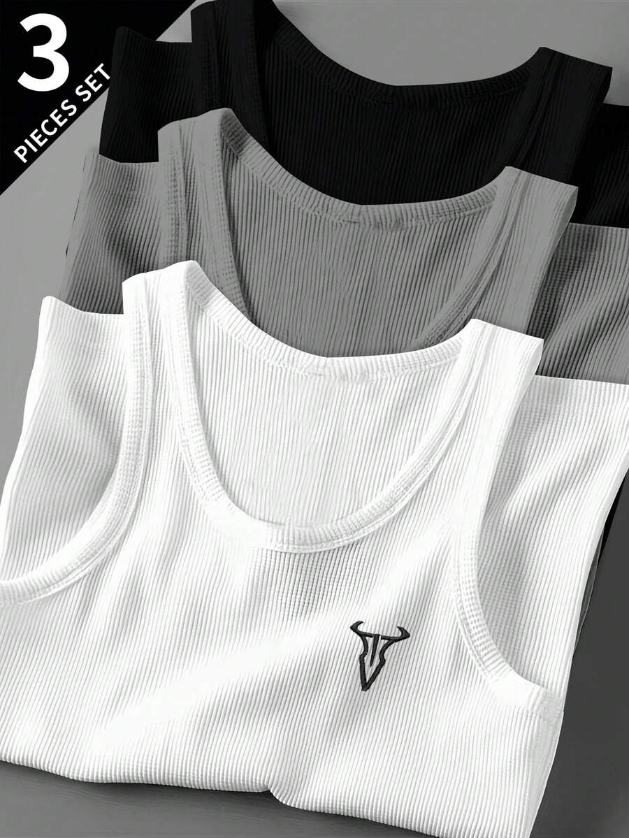 Manfinity Sport Corelite 3pcs Boyfriend Style Men Solid Color Round Neck Casual Sport Tank Tops  Workout Tops Tank Top Pack Basic T Shirt  Basketball  Jersey Boyfriend Style Men Boyfriend Style Men Hoodies Back To School Workout Tops White Tank Top Breathable