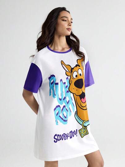 SCOOBY DOO Letter Cartoon Pattern Round Neck Short Sleeve Sleep Dress Shirt Women Character view 5