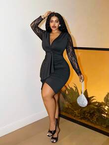 Slaydiva 秋冬新款优雅派对约会生日舞会浪漫修身纯黑色蕾丝拼接长袖扭结前襟褶皱系带加大码迷你连衣裙 - 黑色 - 查看 7