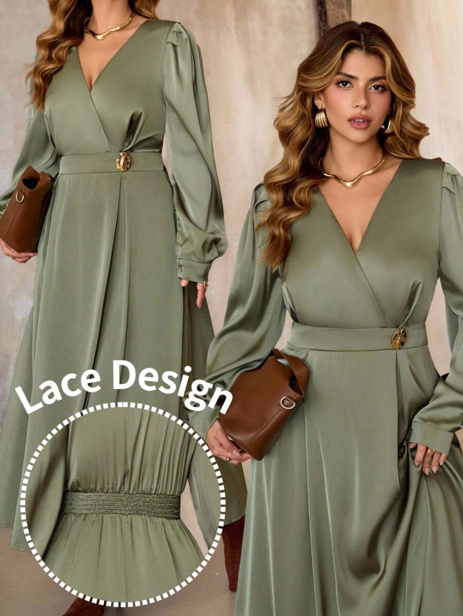 Roveilla Đầm dài tay chữ A cổ chữ V phối ren satin, eo thắt khóa kim loại, thanh lịch, lãng mạn, phù hợp mặc đi làm, thường ngày, phong cách đường phố, nơi làm việc, mùa thu/đông - xanh quân đội - Xem 1