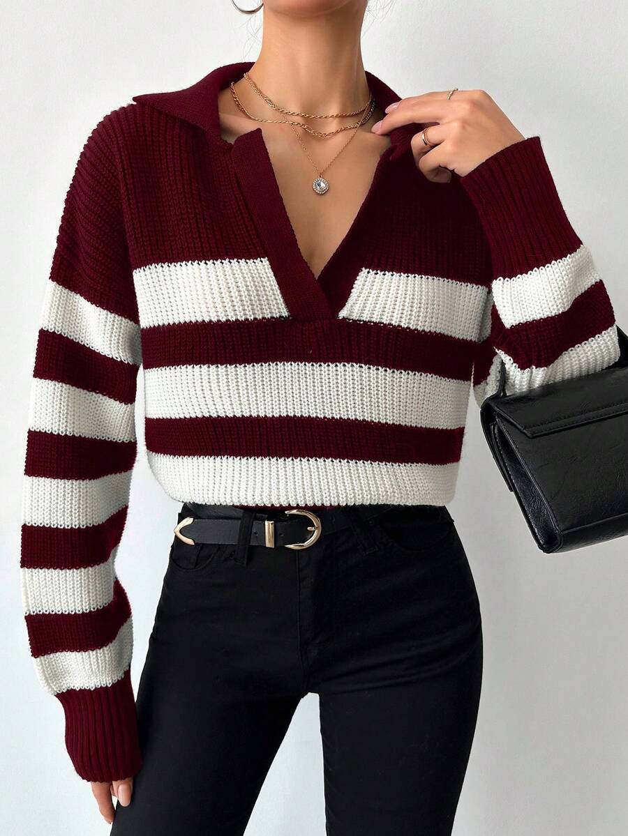 SHEIN Tall Striped Pattern Drop Shoulder Sweater, Tall Women - Burgundy - View 1