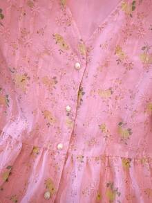 Franclia 女式法式刺绣V领短袖衬衫 - 粉色 - 查看 3