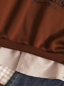 Teen Girl Casual Pullover Sweatshirt, Versatile For School & Commute, 2 In 1 Sweatshirt With Shirt Collar, Numeric & Letter, Leopard Print Pattern, Loose Fit - Brown - View 3