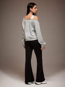 Sparklyn Teen Girls 2-Piece Set Teen Girls'careful Machine With Off Shoulder Design, Exquisite Bow Embroidery, Light Gray Loose Long Sleeved Short Hoodie+High Waist Black Bell Bottom Pants,Comfortable Thickness, Casual And Fashionable Suit Suitable For Campus Dressing/Shopping Exploration/Girlfriends Gathering, Spring And Autumn Daily Items - Multicolor - View 2