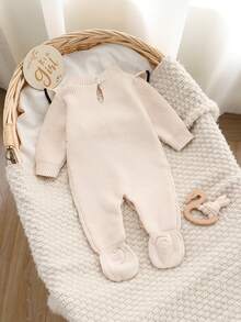 SHEIN 新生儿毛衣，时尚可爱针织3D蝴蝶结圆领按扣长袖荷叶边连脚连体衣，柔软舒适，适合春秋季日常穿着、外出、旅行、度假、居家、托儿所和宝宝玩耍。 - 杏色 - 查看 2
