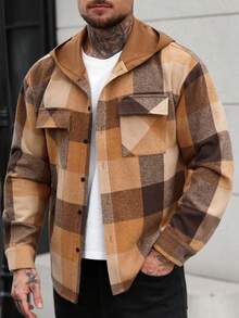 Manfinity CasualCool Men's Casual Plaid Linen Button Hoodie Shirt Earthy Clothes Men Men Shacket Men Flannels Brown Jacket Men Plaid Jacket Men - Coffee Brown - View 6