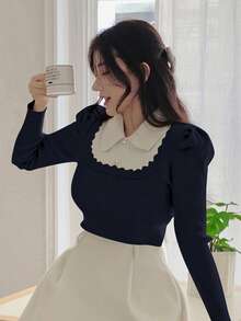 DAZY French Peter Pan Collar Base Layer Sweater For Women, 2 In 1 Puff Sleeve, Autumn/Winter - Navy Blue - View 5