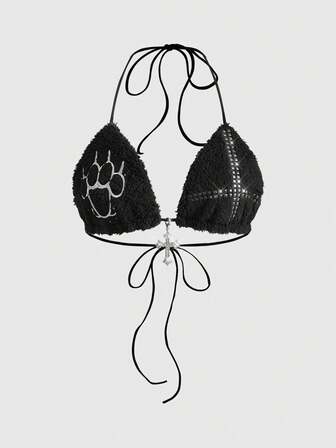 ROMWE Avant Y2K Herbst/Winter Pelziger, sexy, kreuzbestickter Strass-Bikini-Trägerhemd