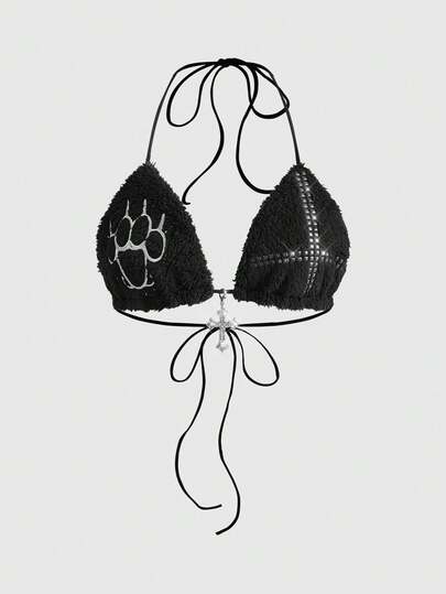 ROMWE Avant Canotta bikini Y2K autunno/inverno con ricami, strass e borchie, sexy e pelosa