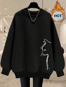 EMERY ROSE Women's Fashionable Cat Print Dropped Shoulder Crew Neck Sweatshirt - Black - View 1