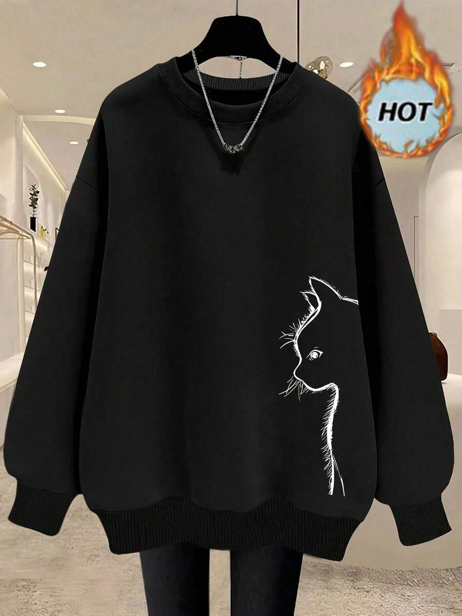 EMERY ROSE Women's Fashionable Cat Print Dropped Shoulder Crew Neck Sweatshirt - Black - View 1
