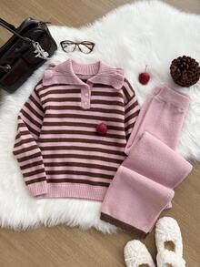 SHEIN Sparklyn 两件套：优雅法式粉色条纹彼得潘领针织上衣 + 针织裤，秋冬款 - 粉色 - 查看 4