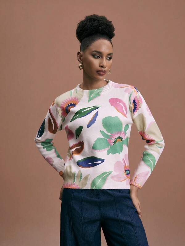 Shutterstock Glamance Suéter de punto con estampado floral de manga larga color albaricoque para mujer Glamance, top casual de unicolor apto para exteriores, oficina, negocios, trayectos, viajes, aeropuerto, calle, trabajo, otoño/invierno