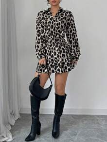 Elenzga Váy dài tay họa tiết da báo đơn giản, sang trọng dành cho nữ - Màu Xám nhạt - Xem 3