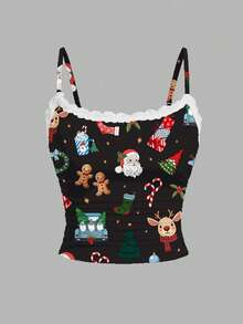 SHEIN EZwear 2件套女士蕾丝吊带背心和褶皱短裤，适合夏季 - 黑色 - 查看 4