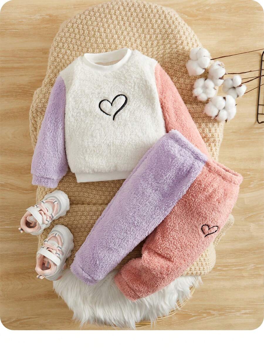 SHEIN Conjunto de sudadera de forro polar con bloques de color para niñas bebé, otoño/invierno - Multicolor - Ver 1