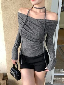 DAZY Women's Cross Off-Shoulder Korean Style Tie-Up Long Sleeve T-Shirt, Spring/Autumn