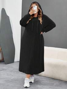 SHEIN CURVE+ Plus Size Women Ribbed Fabric Long Sleeve Hooded Loose Dress/Winter - Black - View 7