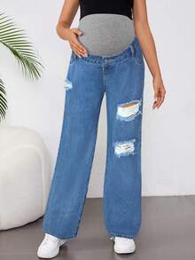 SHEIN Maternity Casual Loose Ripped Straight Leg Jeans, Blue - Medium Wash - View 3