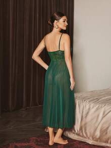 Slumberist Women Solid Ruffle Trim Mesh Cami Pajama Nightdress - Dark Green - View 2