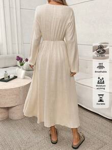 Easowa V 领蕾丝拼布褶饰灯笼袖松紧腰 A 字连衣裙，休闲宽松优雅办公室淑女风格，秋冬 - 杏色 - 查看 2